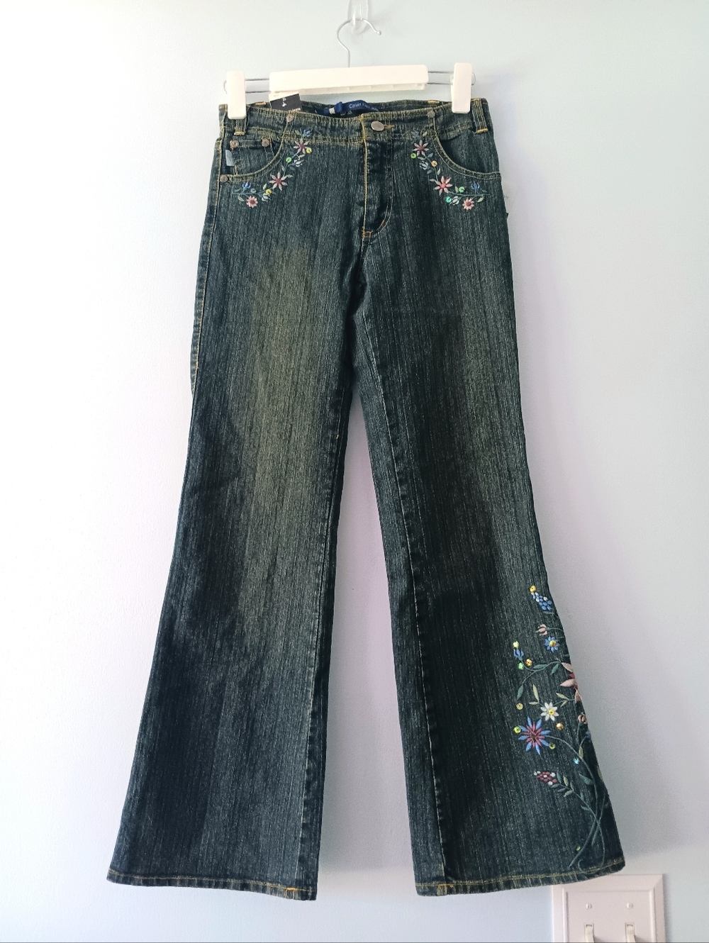Calvin Klein Blue Embroidered Floral Flare Jeans Sequin Detail Y2K Boho 12